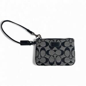 Coach Vintage Signature Black Gray Jacquard Wristlet Pouch Mini Wallet Purse